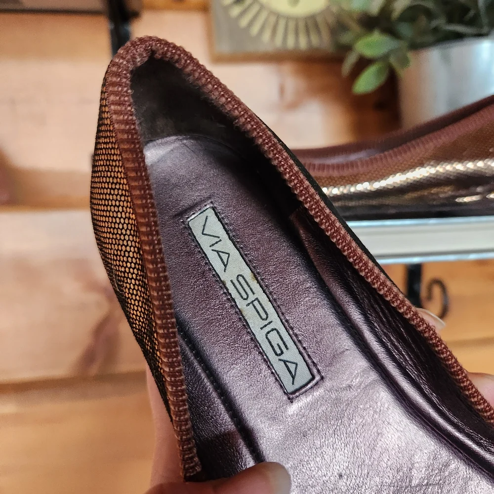 Via Spiga 💜 Ballet Flats Point Toe Gold Brown Metallic Leather Shoes Bow 5.5 M‎